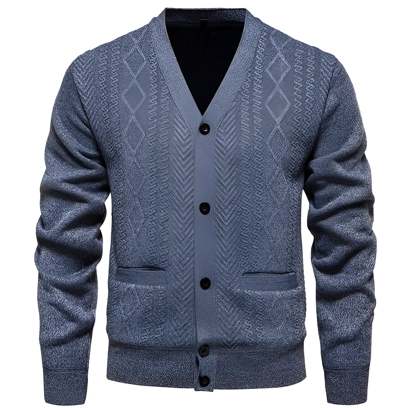 A men's long-sleeved striped cardigan sweater in a brown colour with a wool lining.