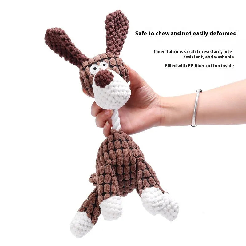 Plush bite-resistant pet chew toy for puppies in various styles including donkey, rechargeable duck, and elephant characters.