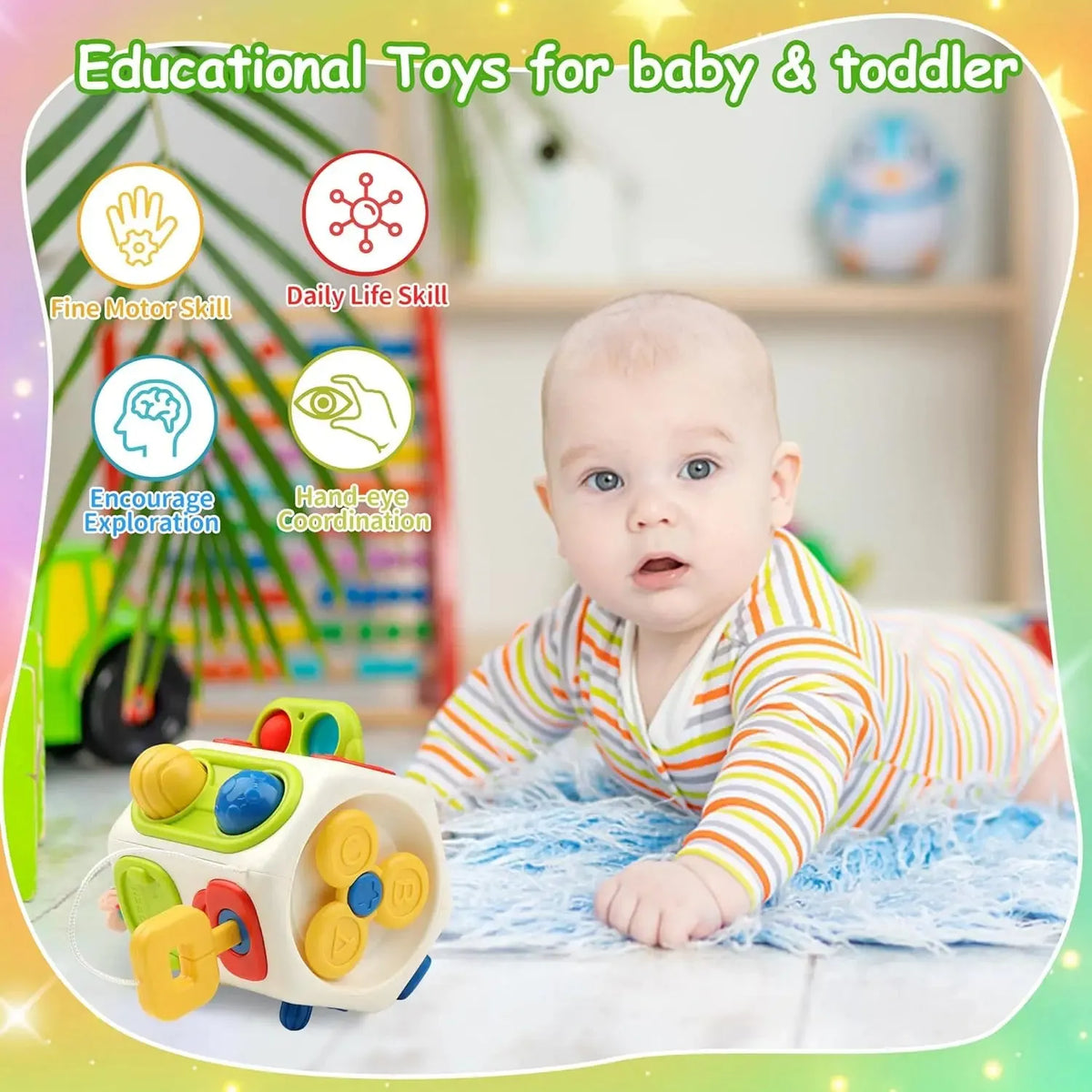 9-in-1 busy cube baby toddler toy, plastic Montessori sensory fidget busy board, 12.5 x 10 x 11cm