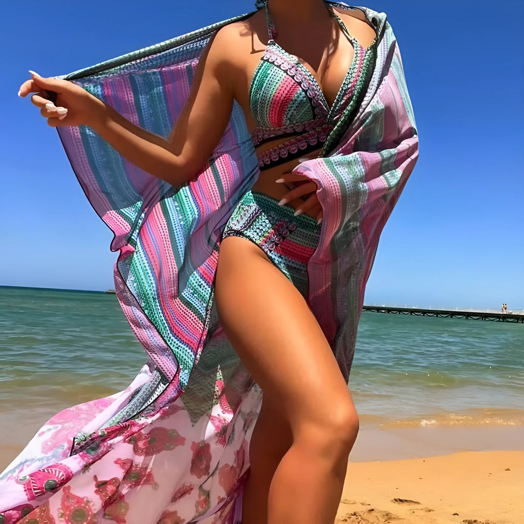 Women's three-piece bikini set with cross bandage top, high-waist split-side briefs, and smock in solid colours