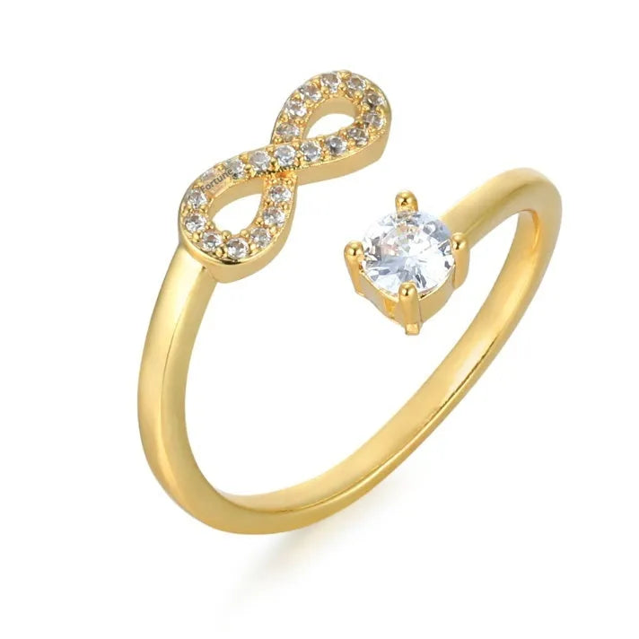 Gold geometric letter ring with zircon inlay showing English letter design and open ring structure