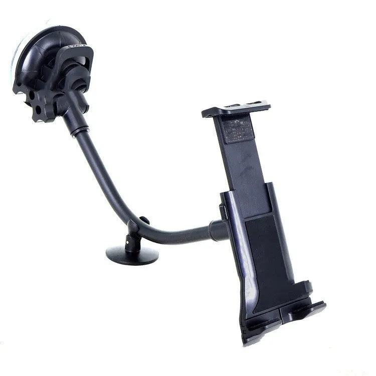 Black vehicle tablet holder with long suction cup rod for 4-12 inch tablets on car windscreen
