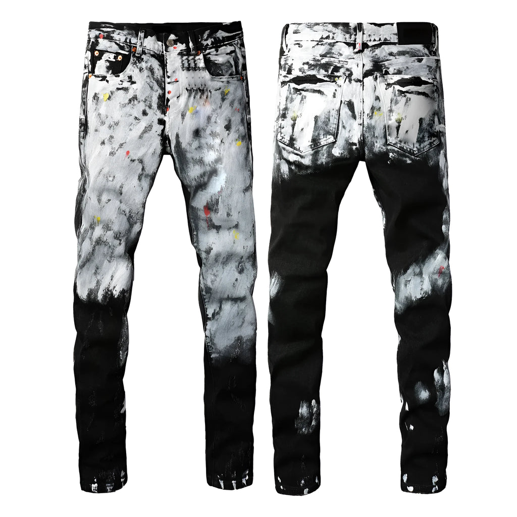 Black men's slim fit cotton jeans with a straight leg and button fly closure on a plain background.