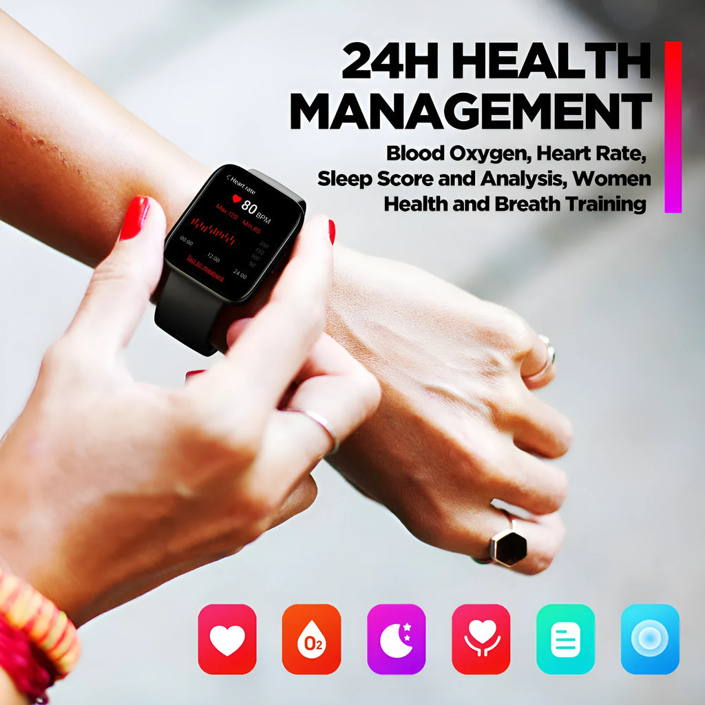 Black GPS sports smartwatch with rubber strap on a wrist, showing a health metrics screen.