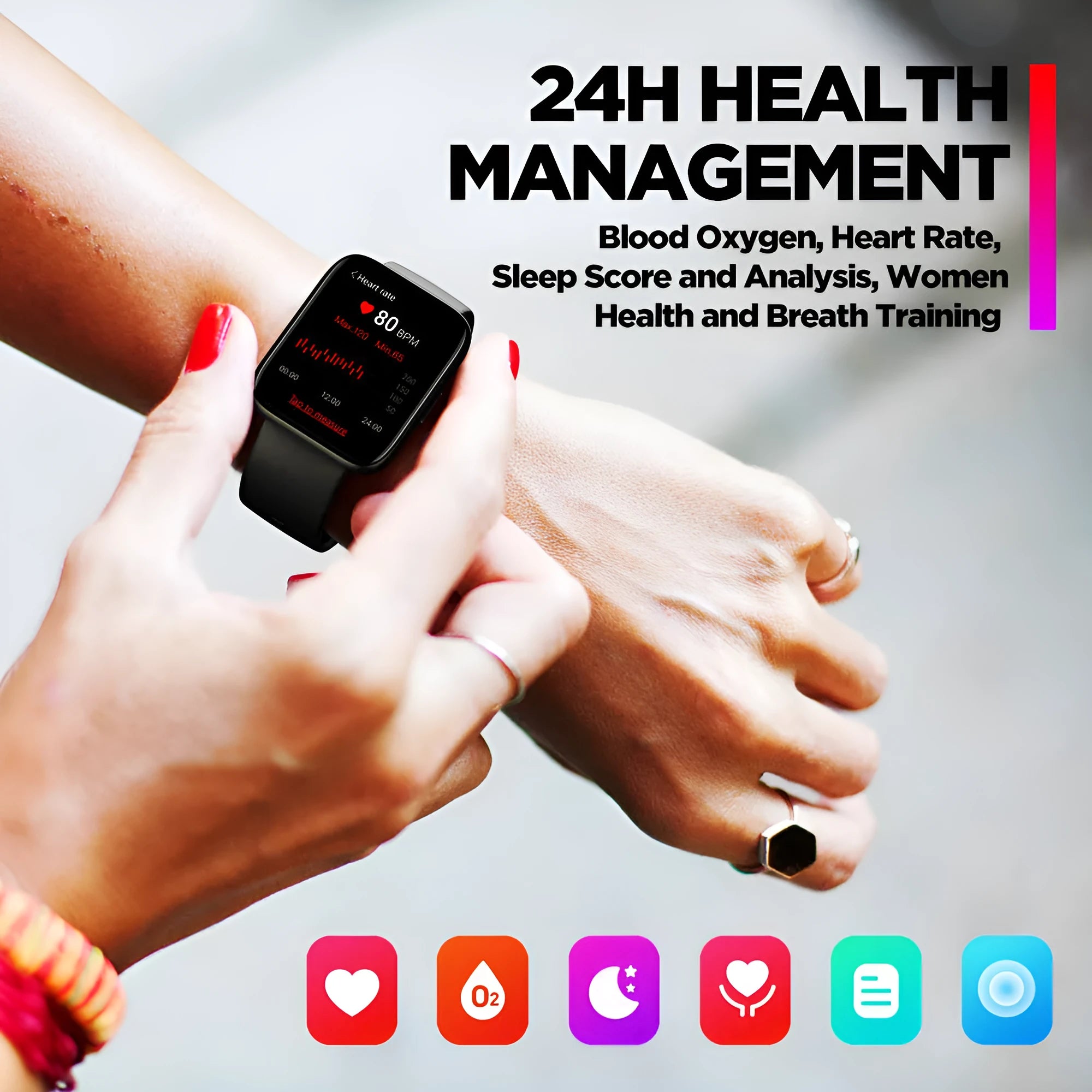 Black GPS sports smartwatch with rubber strap on a wrist, showing a health metrics screen.