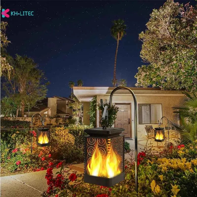 Black solar hanging flame torch light with LED flickering effect for outdoor garden decoration
