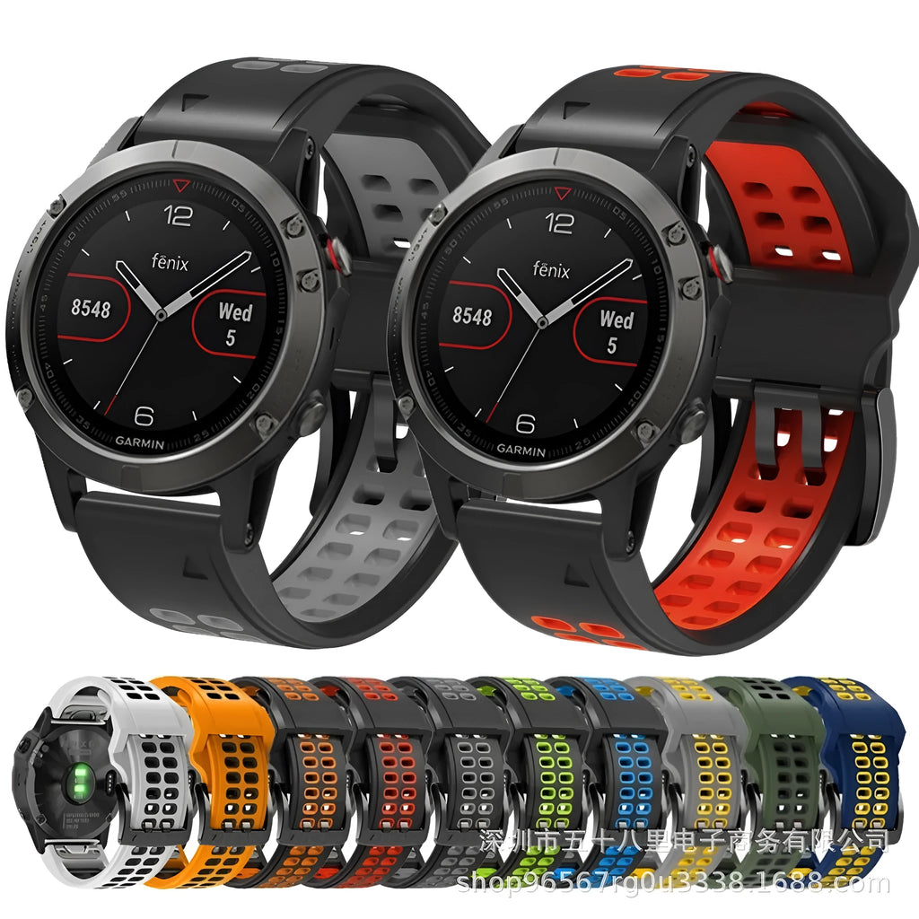 Two-tone silicone watch strap with quick release pins and pin buckle in multiple colour combinations