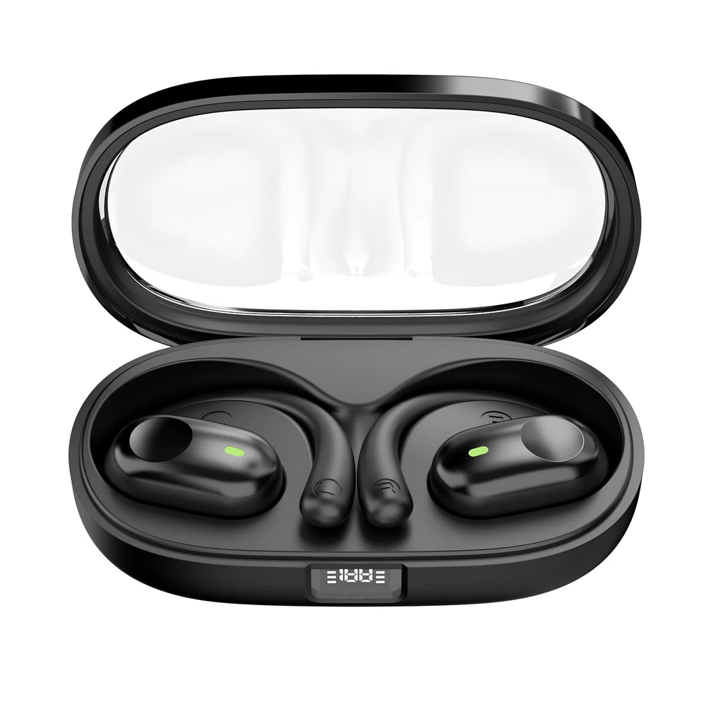Bone conduction sports headset in black with digital display and ear hook design