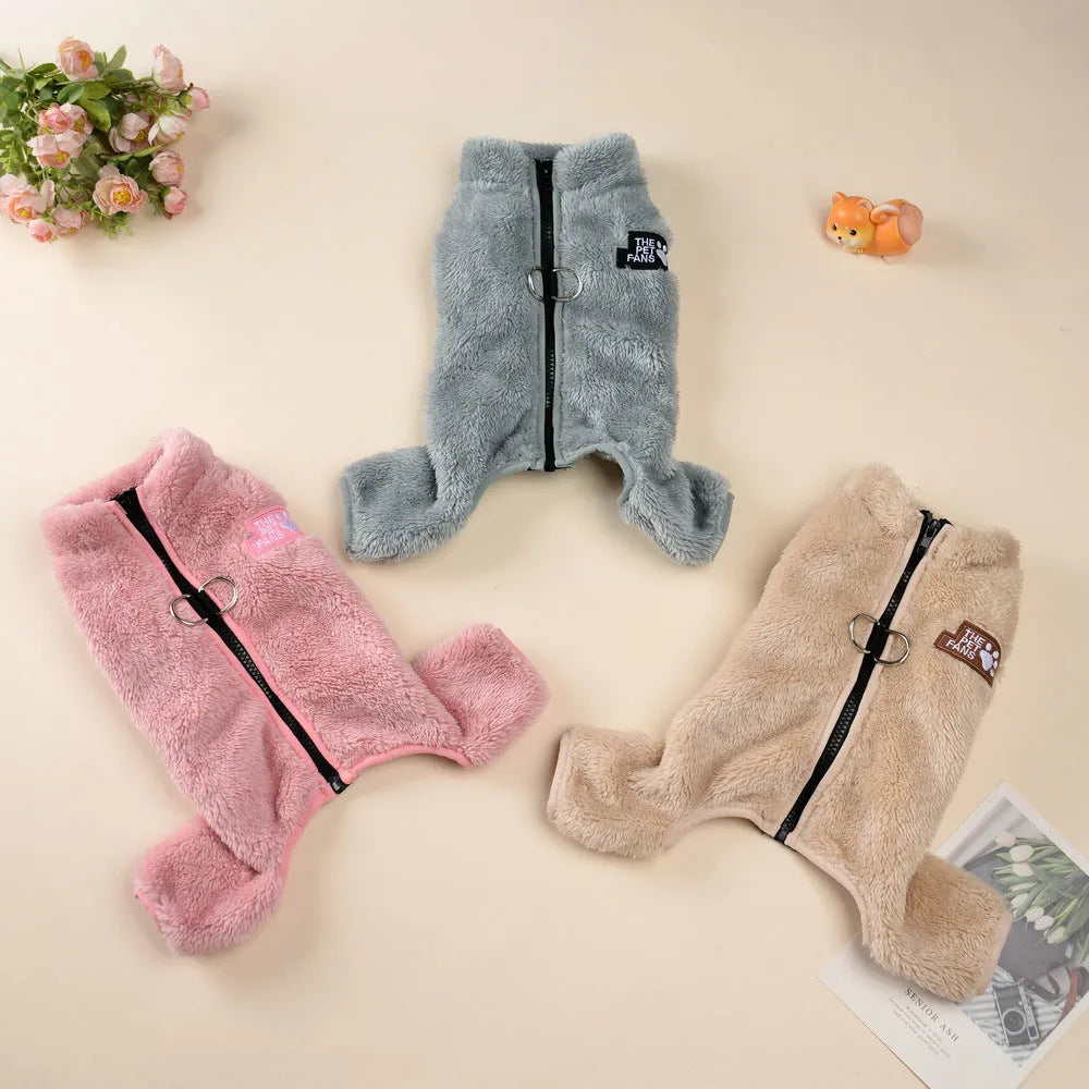 Double-sided plush polyester pet jumpsuit in apricot, a unisex garment for dogs and cats sized from XS to XL