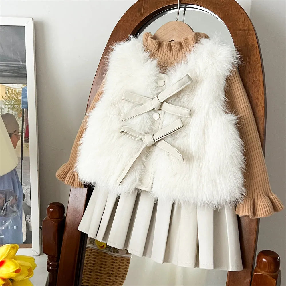 Girls autumn winter fur waistcoat leather skirt suit set in solid colour Korean style for 110cm to 150cm height