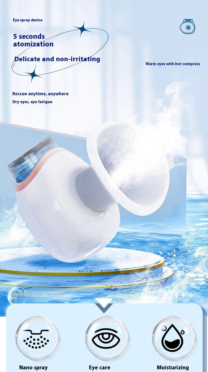 White and purple portable eye humidifier with USB charging cable on white background