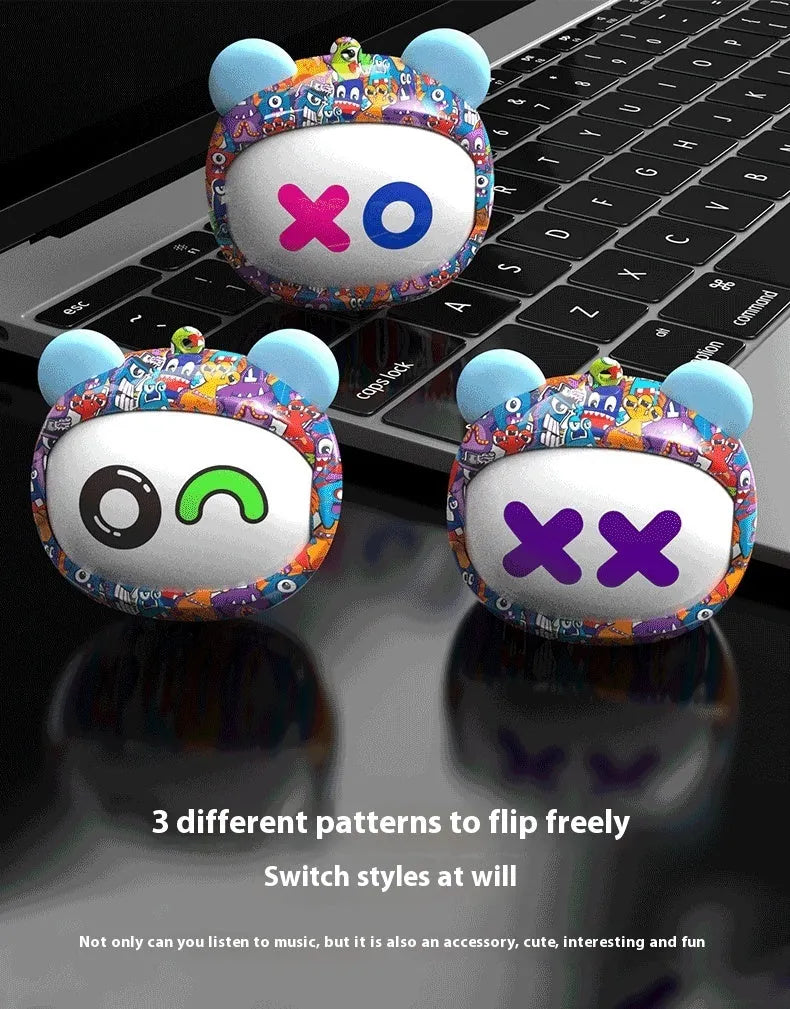 Rotating face changing in-ear Bluetooth headset with Jerry chip, PC ABS material, and four face panel options including Yellow Bear and Blue Monster