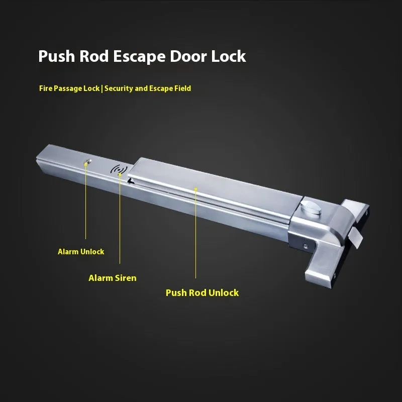 Stainless steel fireproof door push lock with an external handle on a door.