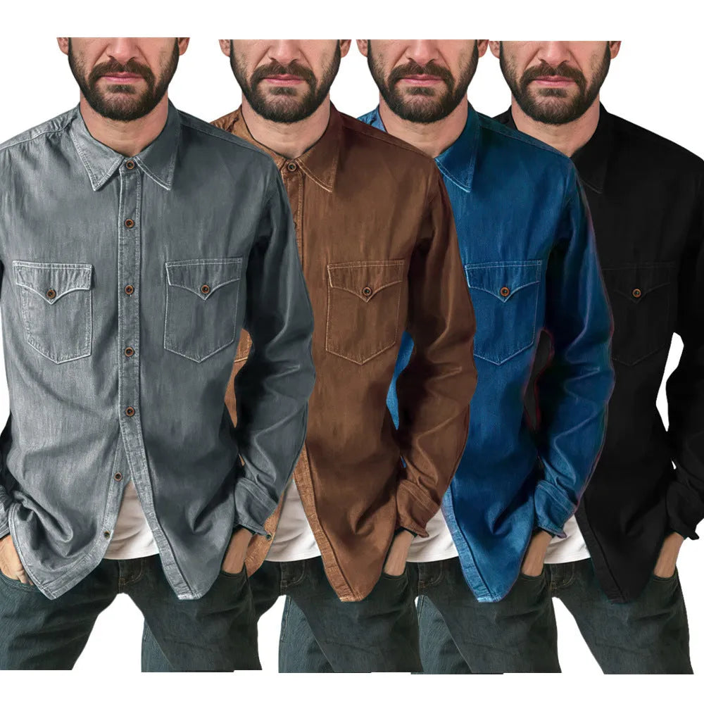 Denim cardigan coat in regular fit showing colour options of khaki, black, blue, and grey