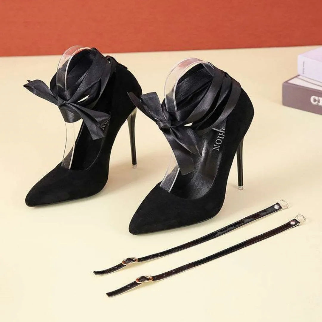 Black pointed toe stiletto sandals with fabric straps and 12cm heel