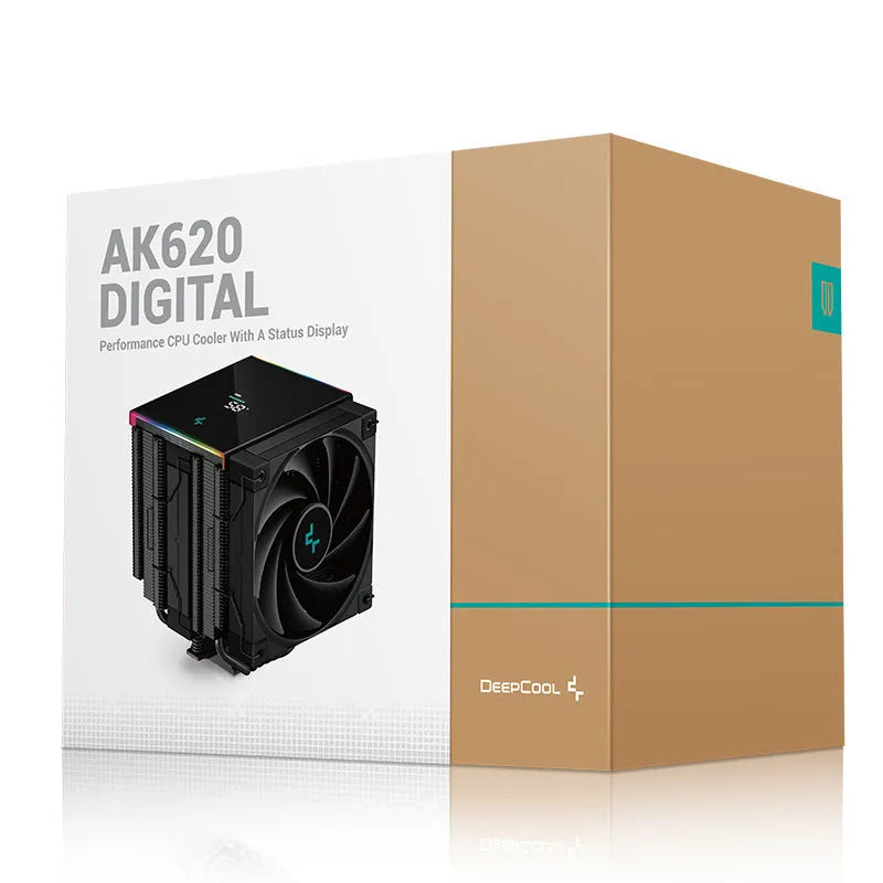 DeepCool twin tower CPU air cooler with digital display screen, black aluminium fins and copper heat pipes.