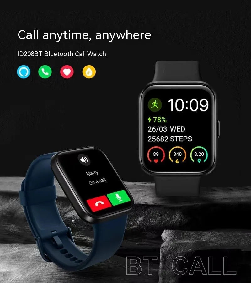 Smart watch with Bluetooth calling on wrist, showing colour options: black, pink, blue, and green.