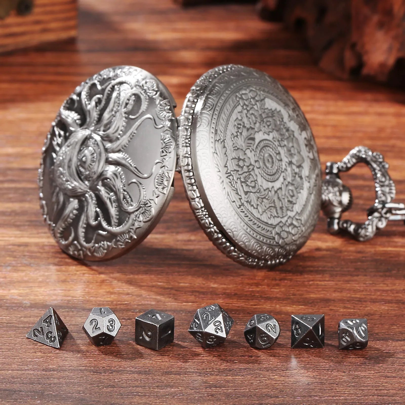 Steampunk cyclops octopus dice set in bronze finish inside metal storage box