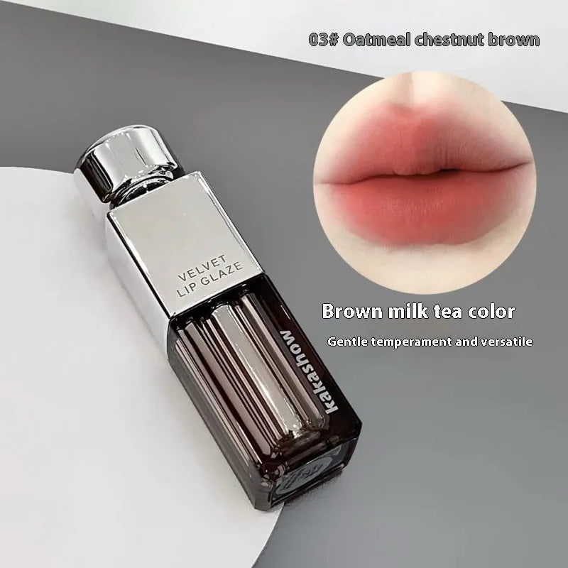 Matte soft mist lipstick in a case showing one of six shades including grey pink and oat brown.