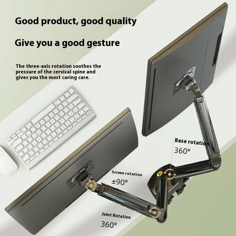 Dual computer monitor bracket with mechanical lifting mechanism on desktop