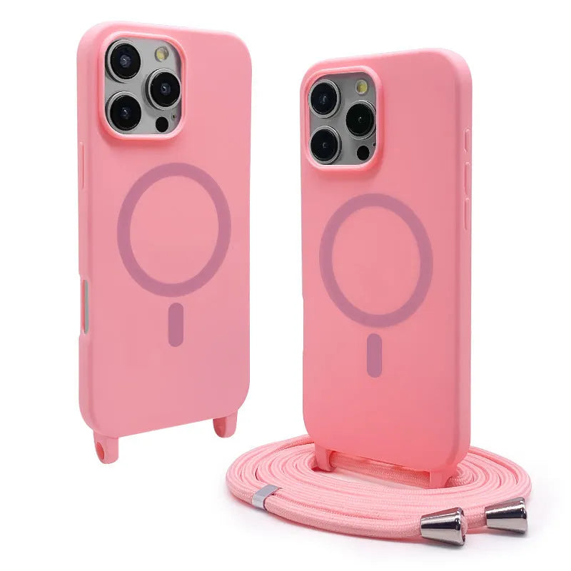 Magnetic lanyard phone case in black with crossbody strap and frosted TPU finish for iPhone models.