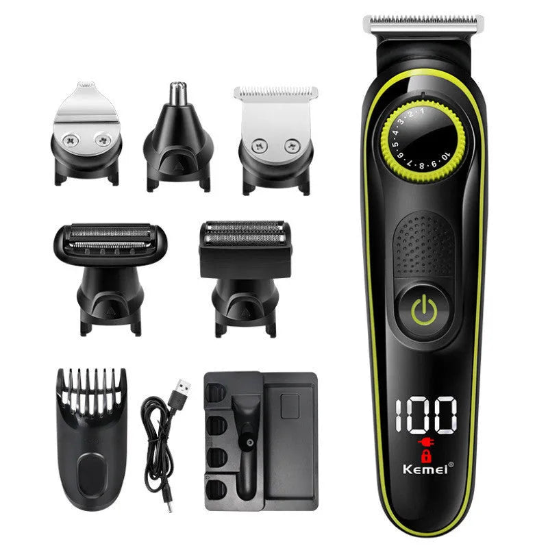 Black KM-696 household rechargeable electric hair clipper set with USB cable, grinding head, and cleaning brush.