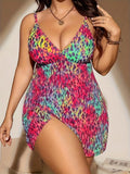 Plus size women's split skirt bikini swimsuit set in blue colour