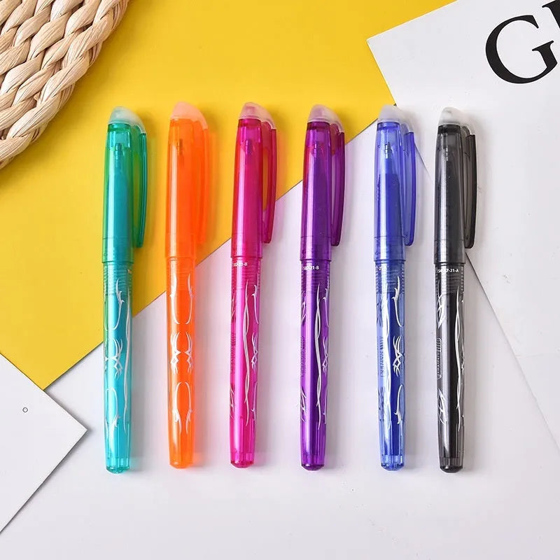 Set of hot erasable gel pens in multiple colours with plastic shells and stainless steel nibs.