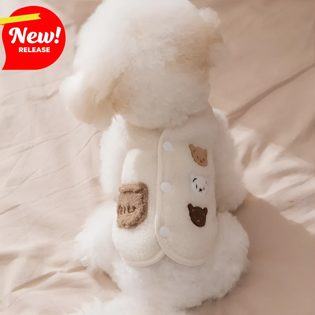 Warm fleece dog jacket with bear embroidery for small breeds, side-button closure, available in brown and white.