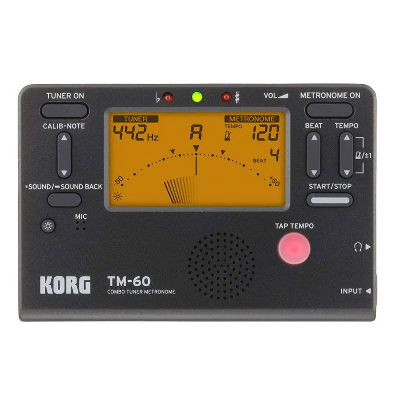 TM-60 black and white electronic metronome and tuner with digital display showing BPM.