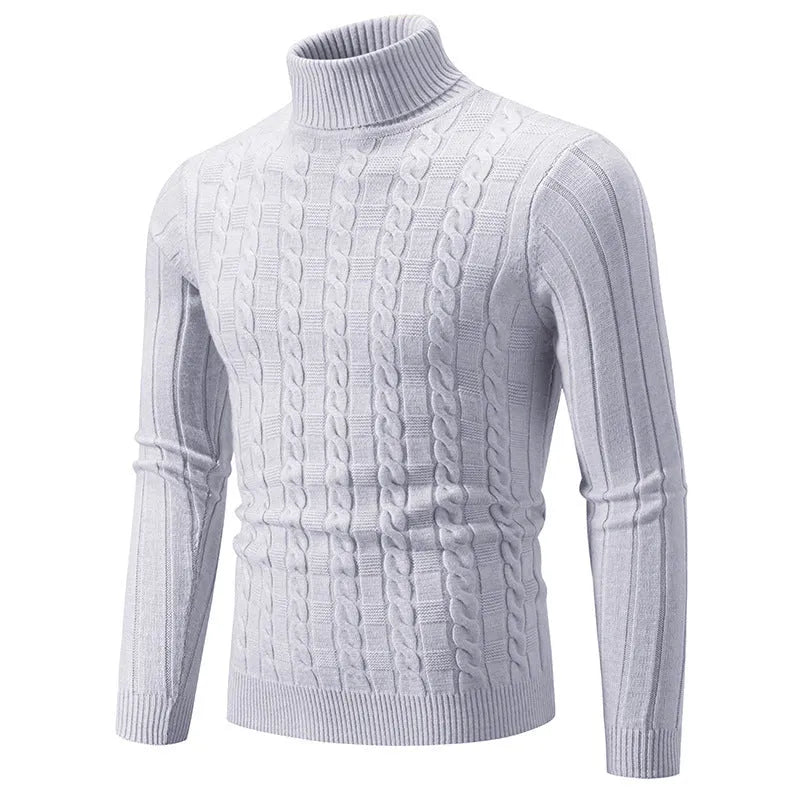 Men's slim fit chenille turtleneck pullover in milky white showing front view