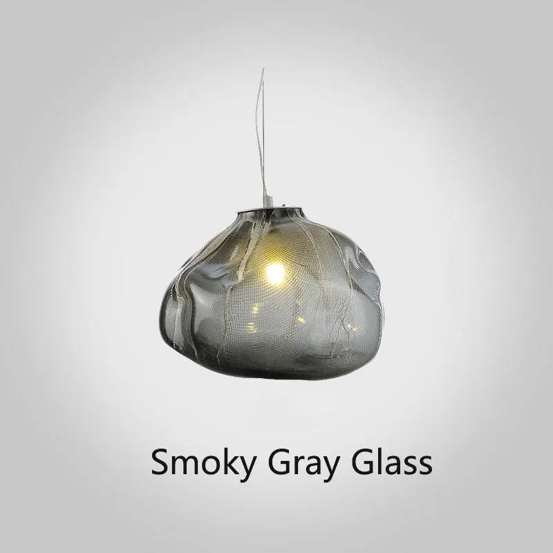 Modern fabric chandelier with glass shade in clear, amber or smoke grey colour options