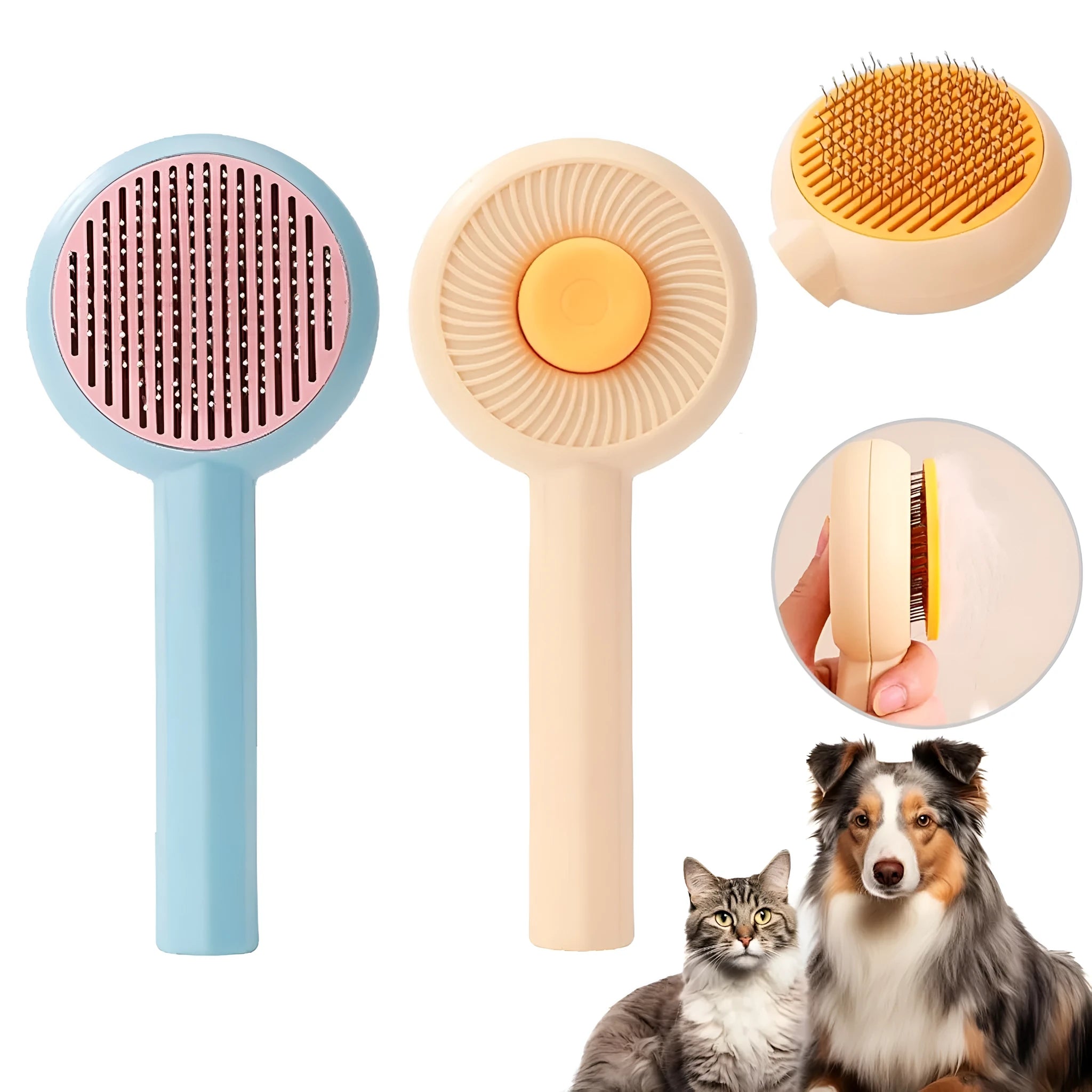 Blue and yellow pet grooming brush with angled bristles and self-cleaning button