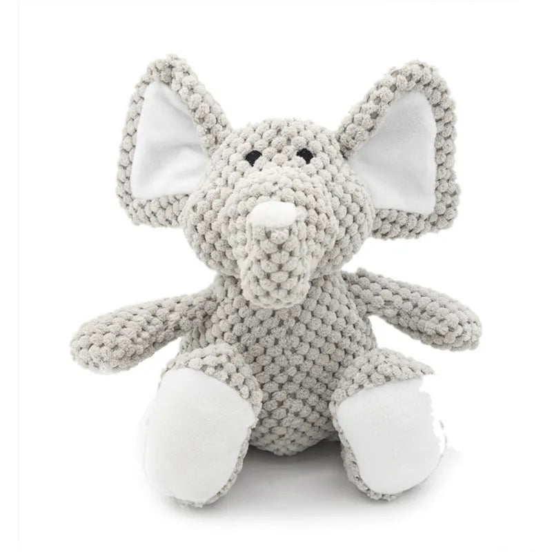 Plush dog chew toy in animal shape with squeaker for teeth cleaning and interactive play