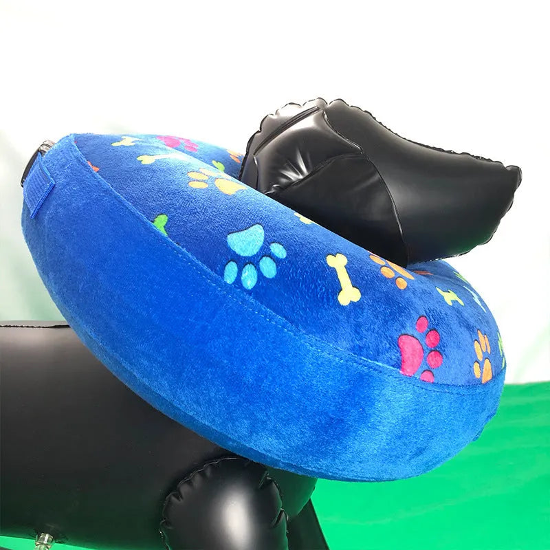 Blue inflatable pet collar with flocking finish for dogs, removable and easy to clean