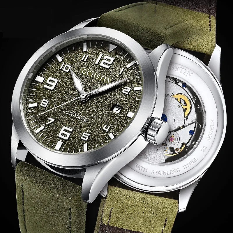 Men's automatic mechanical watch with leather strap and stainless steel case