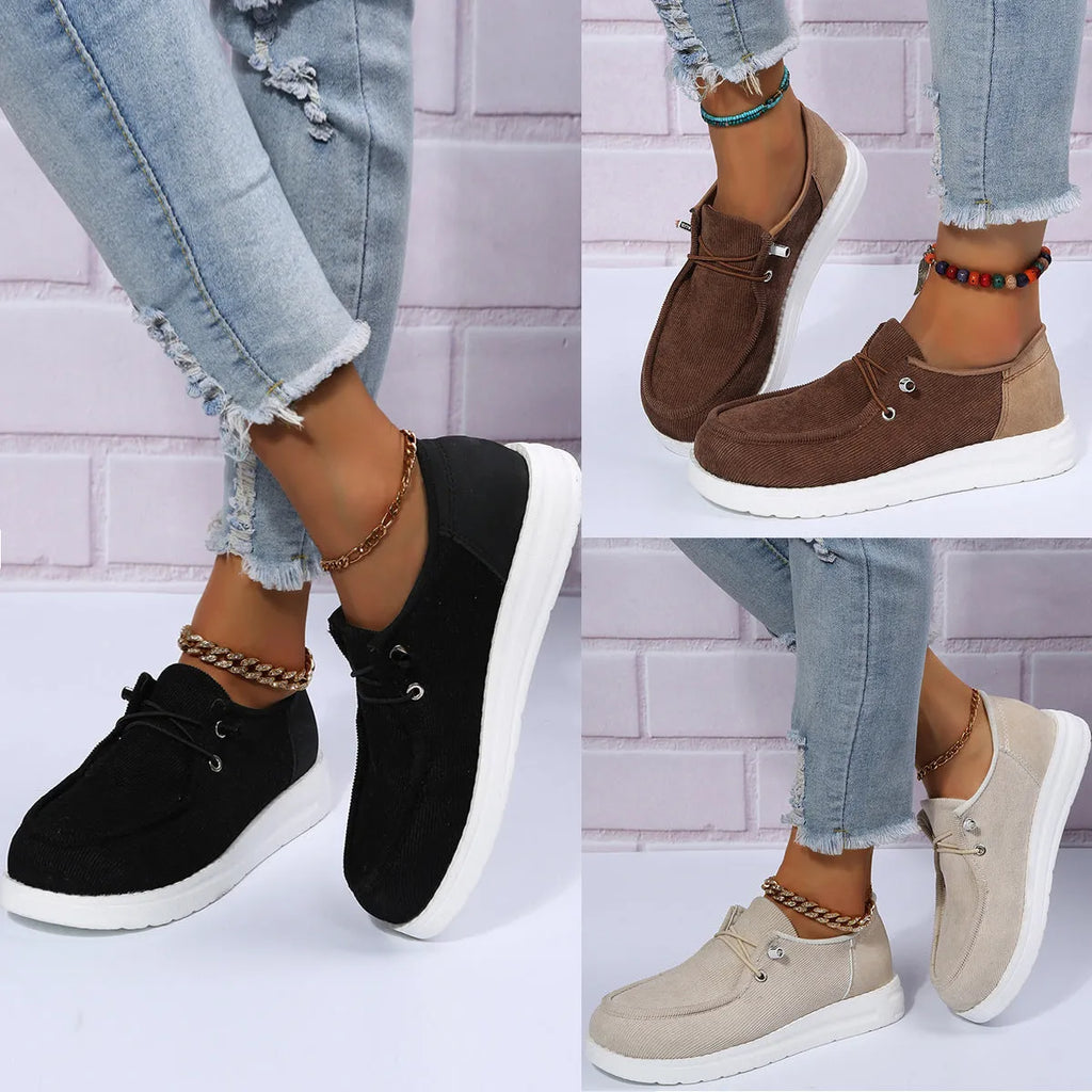 Women's flat shoes in beige with breathable cloth upper, elastic band, round toe, and low heel