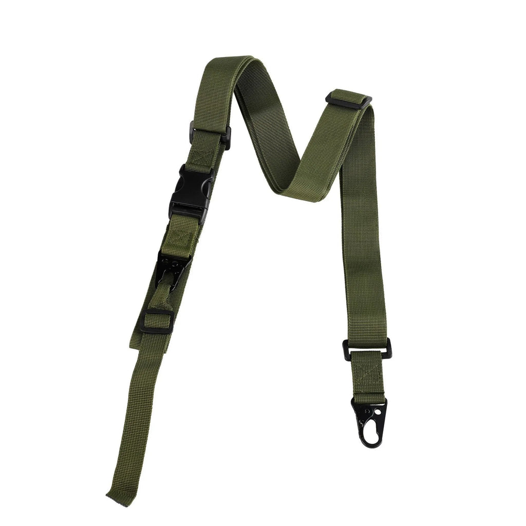Nylon crossbody sling strap with alloy buckle and snap button in army green colour.