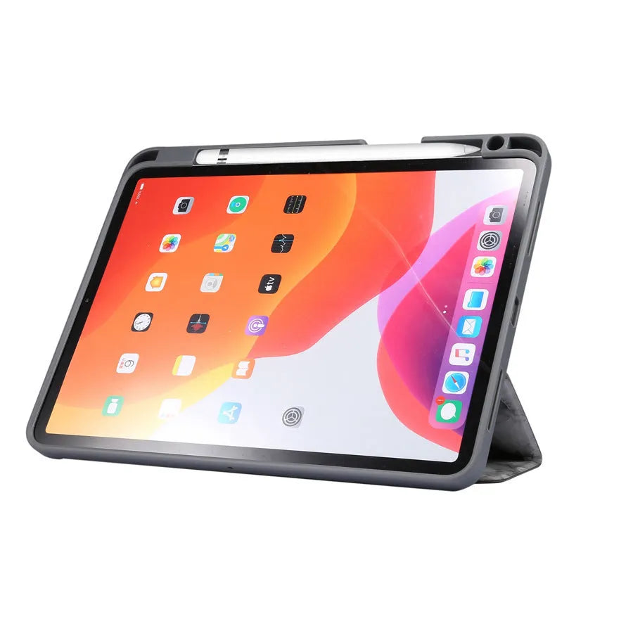 Tri-fold marbling imitation leather iPad case in dark grey with a built-in slot for an Apple Pencil.