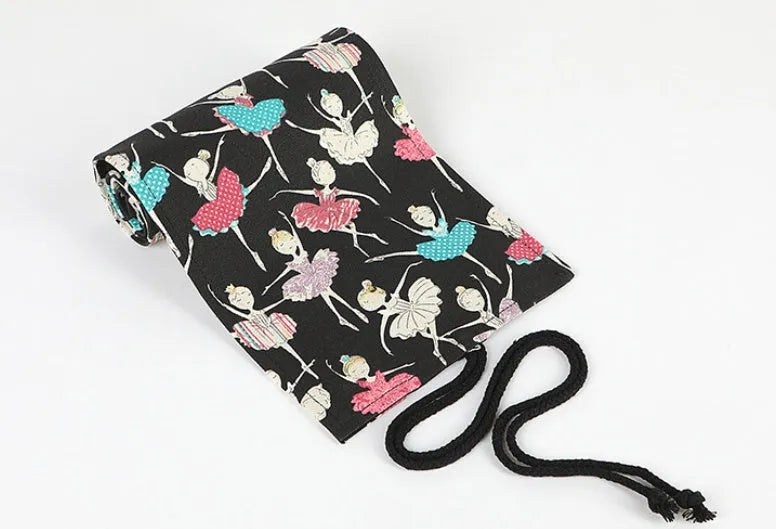 Ballet girl printed canvas rolling pencil case showing square design with multiple pencil compartments