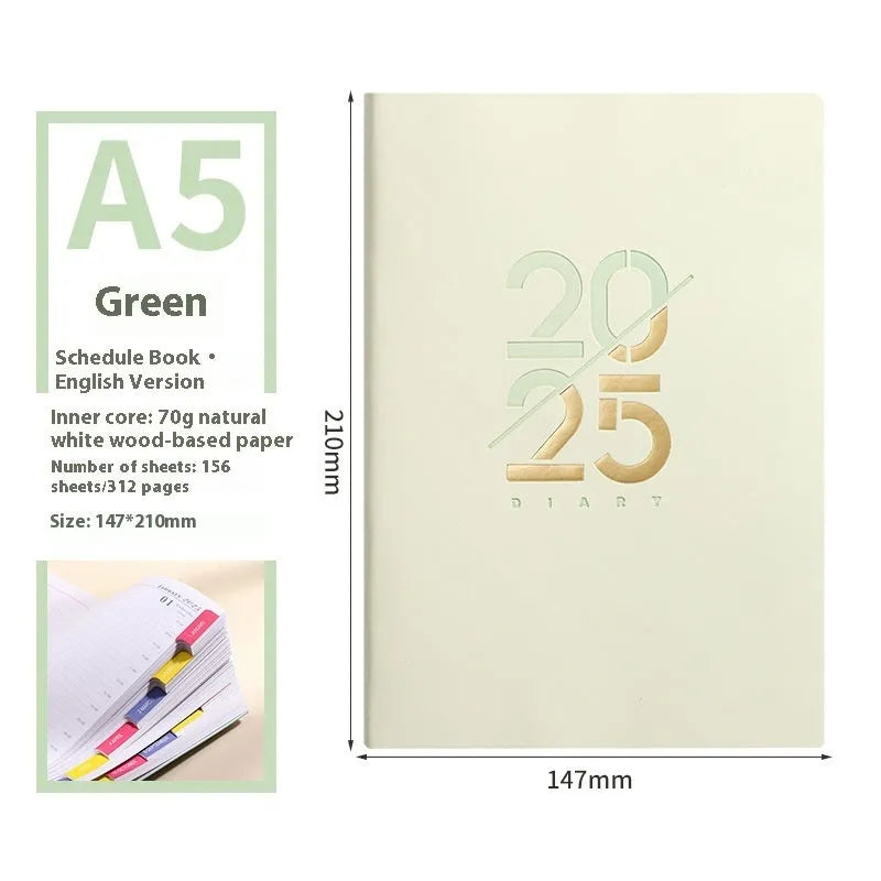 A5 faux leather daily schedule book open showing Dorian paper pages with binding detail