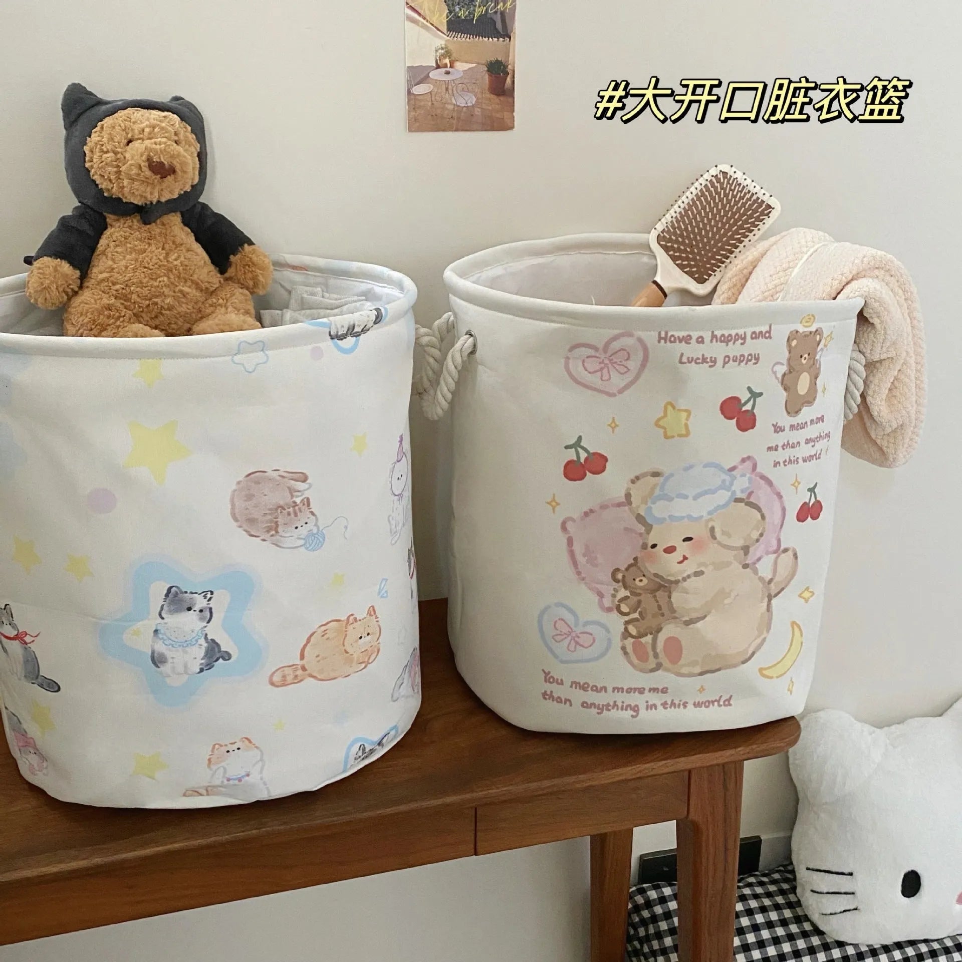 Foldable cotton laundry basket featuring an illustrated design, shown in a bedroom setting.