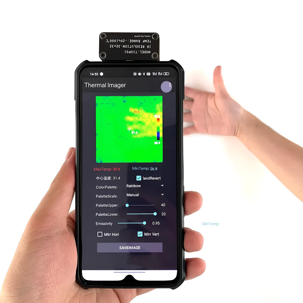 Mobile phone hot imaging instrument with Type-C connector, 32x32 resolution, and temperature measurement range