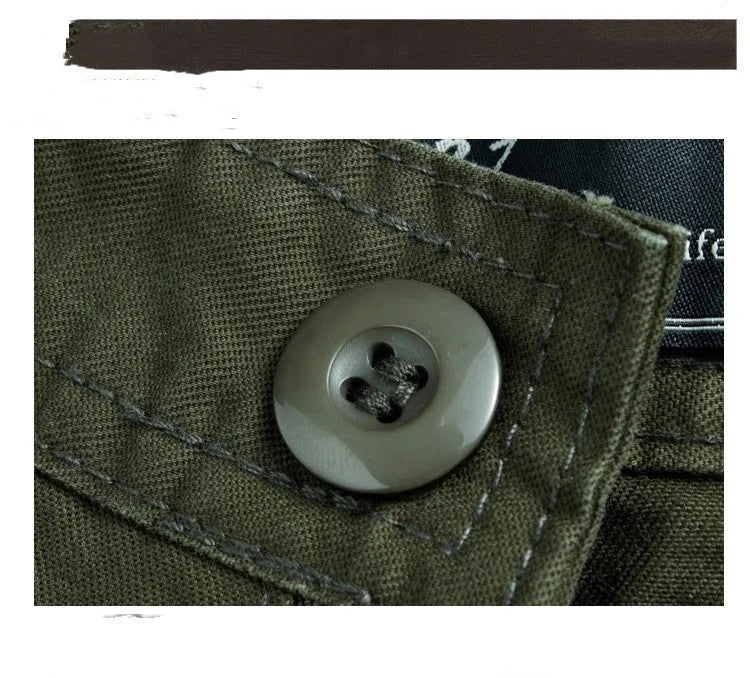 Khaki cotton loose fit multi-pocket trousers overalls with straight leg and zipper placket