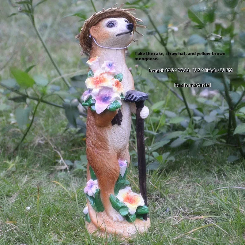 Synthetic resin straw hat mongoose garden ornament for bonsai and craft decoration.