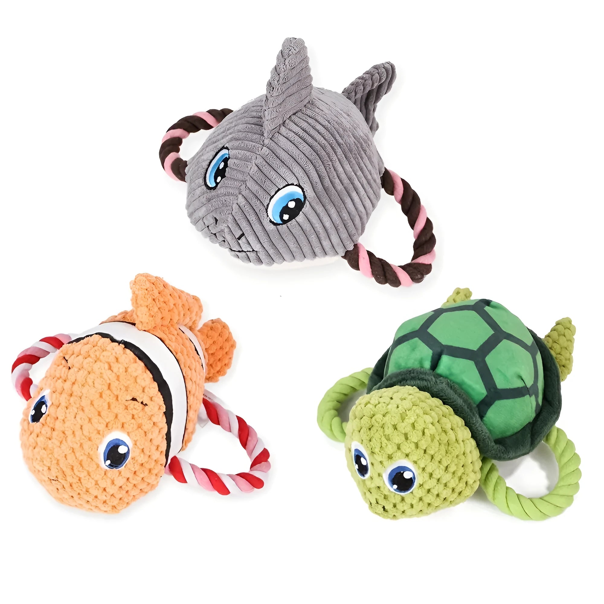 Grey turtle-shaped plush dog chew toy with knotted body and squeaker.