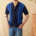 Men's striped short-sleeved polo shirt with a knitted cardigan design in light blue.