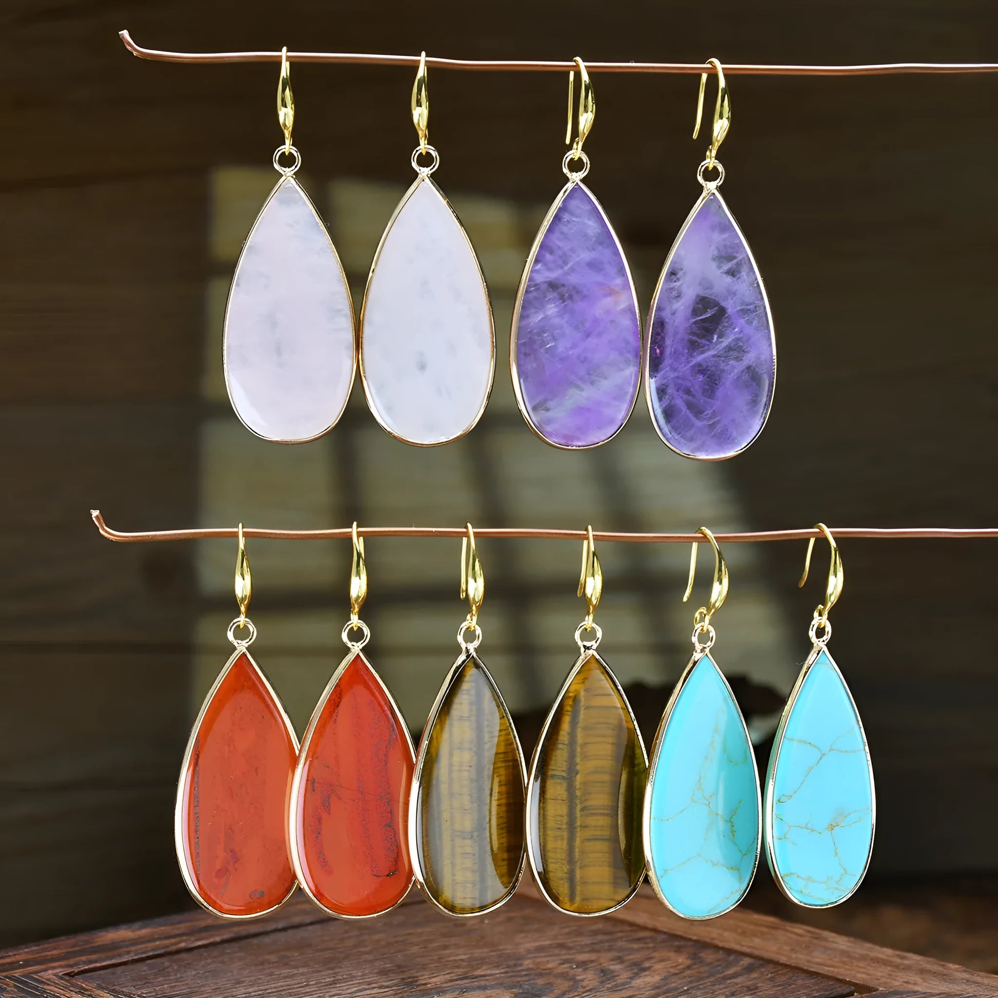 Handmade vintage long water drop earrings in Tigereye stone with textured details