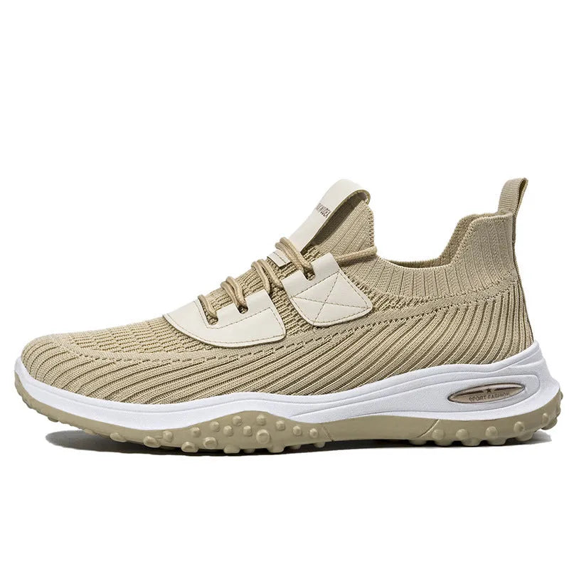 Flyknit breathable low-top running shoes in black and brown colour options with flat heel and mesh lining