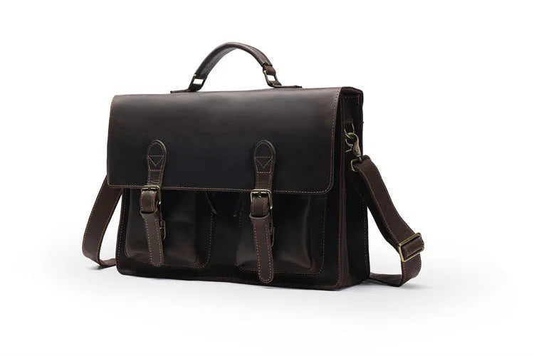 Top cowhide leather computer crossbody bag in black coffee colour with anti-theft expansion